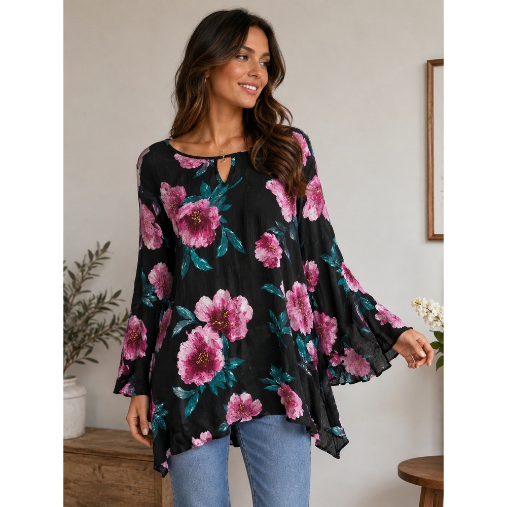 INDIGO ROSE Floral Tunic Bell Sleeve Blouse Womens 2X Black‎ Pink NWT Boho